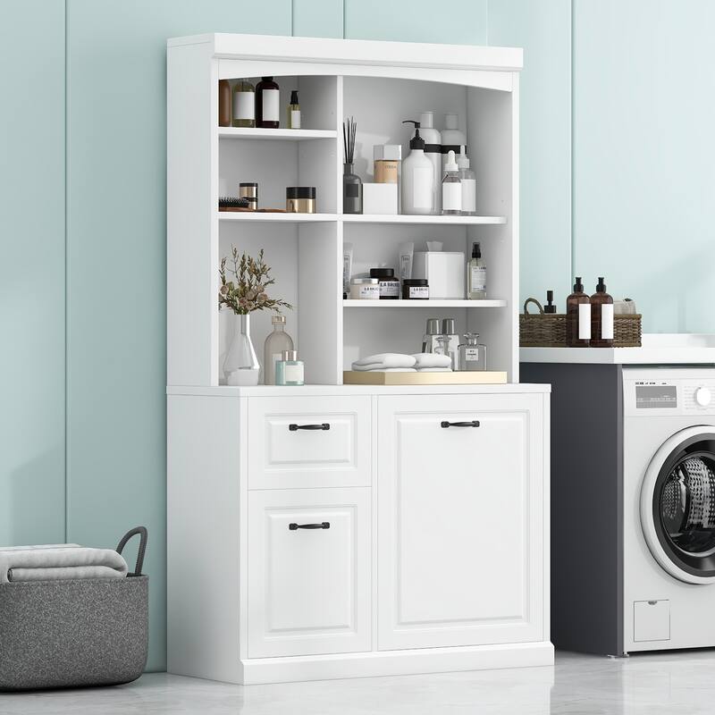 Modern Bathroom Cabinet, Freestanding Linen Tower with Slanted Storage Basket 2 Drawers and Adjustable Shelves, for Bathroom