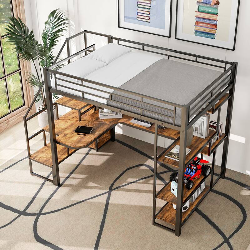 Full Size Metal Loft Bed with Built-In Desk, Storage Staircase, Small Wardrobe & 3-Tier Shelves