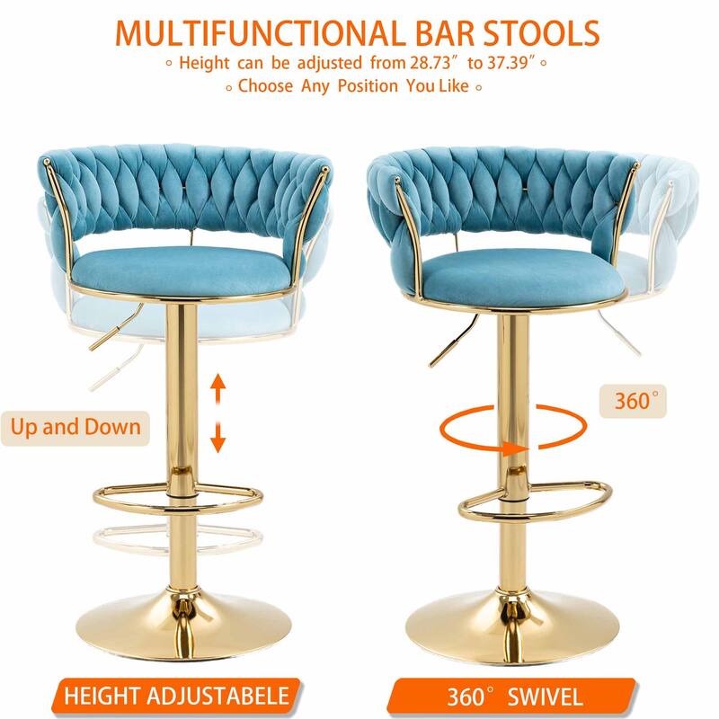 HOMEFUN Velvet Adjustable Height Swivel Armless Bar Stools With Golden Footrest(set of 2)