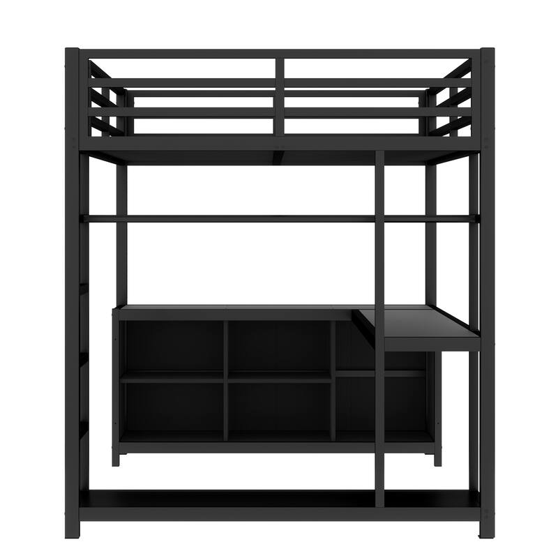 Roomfitters Full Size Metal Loft Bed with Wardrobe & L-Shaped Desk, Storage Cubes & Shelves, Space-Saving Design, Black