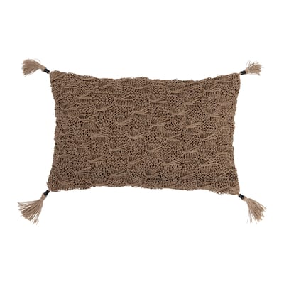 Hand-Woven Cotton and Jute Macramé Lumbar Pillow with Jute Tassels and Mango Wood Beads