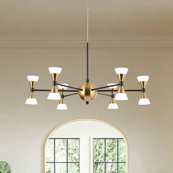 slide 2 of 9, Modern Contemporary 12-Light Black Gold LED Chandelier Metal Wheel Pendant Lights for Dining Room - 23.5" D x 12.5" H