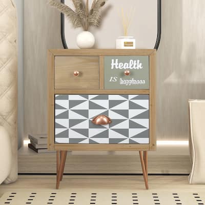 Modern Wooden Nightstand with 3 Drawers and 4 Metal Feet