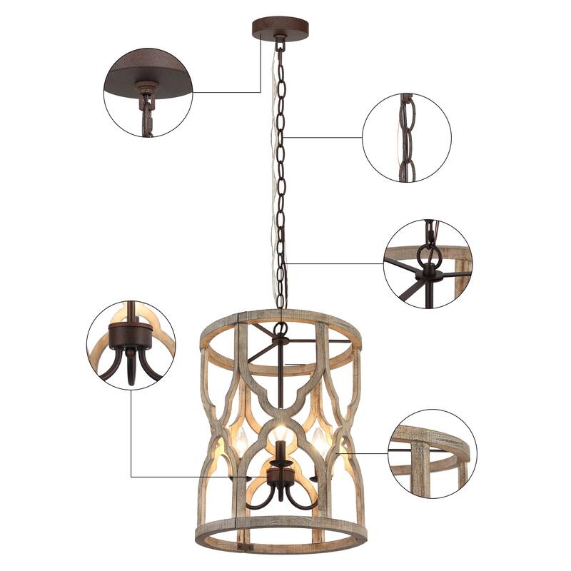 Farmhouse 3-Light Wood Chandelier Lantern Pendant Light for Kitchen Island Foyer