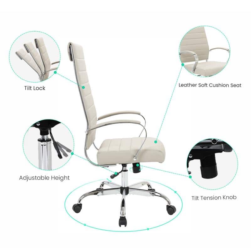 Benmar High-Back Leather Office Desk Chair in Stainless Steel Frame Adjustable Height Tilt Lock 360 Swivel Ergonomic Chair