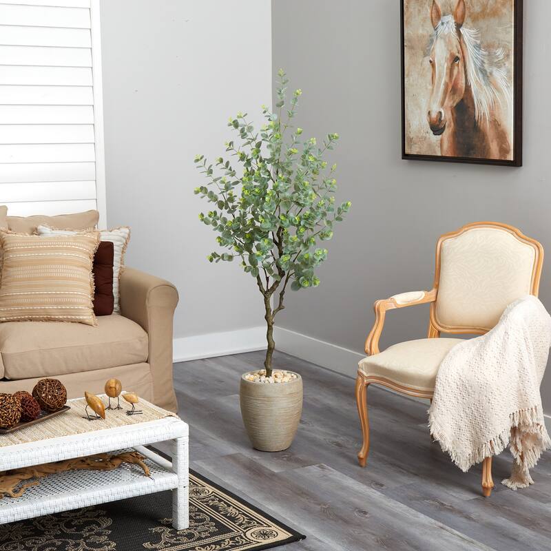 Eucalyptus Artificial Tree 5ft Indoor, Sandstone Planter, Realistic Faux Tree, Home Decor, Living Room Plant