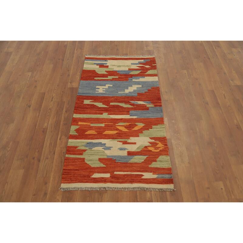 Hand Woven Oriental 100% Wool Carpet Southwestern Modern Oranges & Rust Kilim Area Rug - 4' 0'' X 2' 1''
