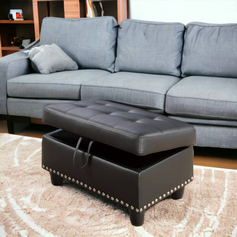 KISRAIS 28.5" Wide Vegan Leather Nailhead Trim Storage Ottoman