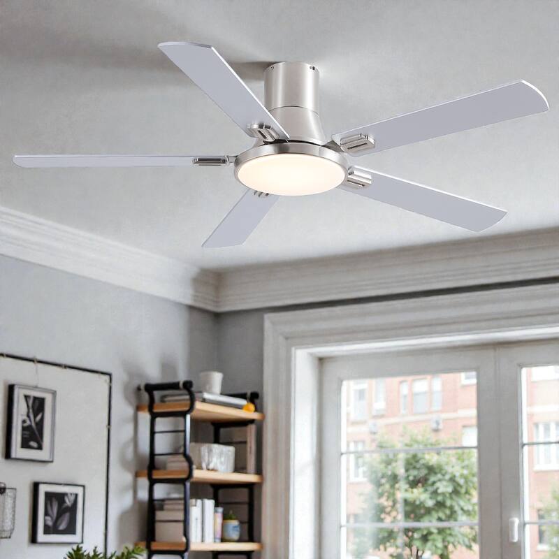 52 Inch Modern Minimalist Flush Mount Ceiling Fan with Light, Reversible DC Motor, Remote, Double-Sided Blades - Brushed Nickel