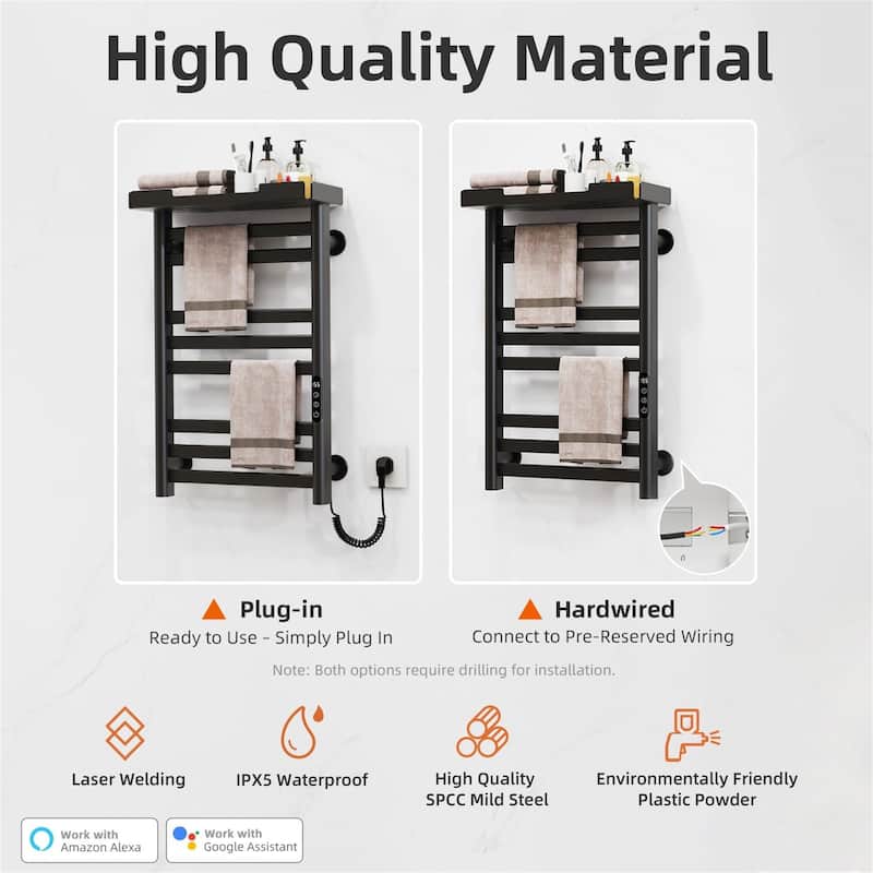 Heated Towel Rack with Shelf and Wi-Fi App Control