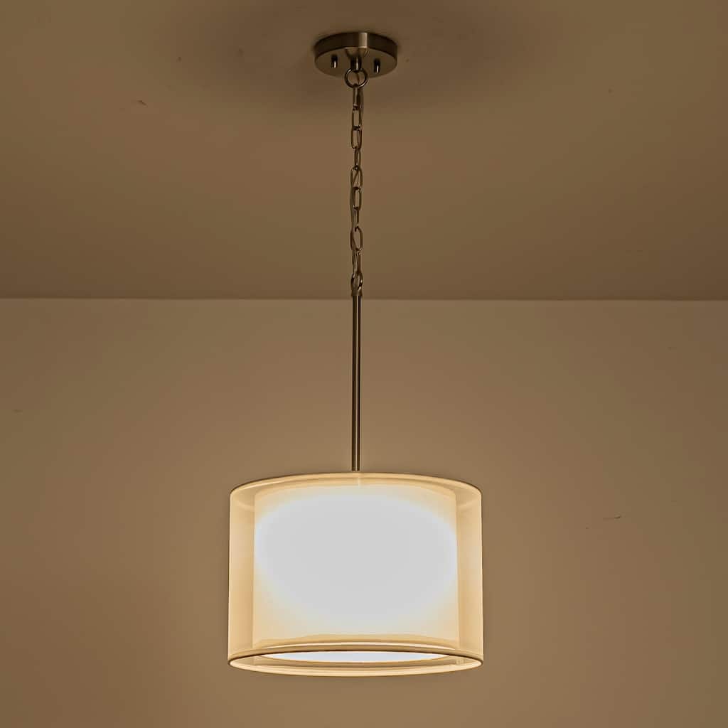 Modern 1-Light Double Fabric LED Pendant Light, 18W Warm 3000K, Satin Nickel/White for Dining Room - 1 Light