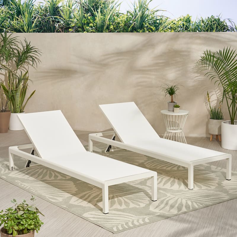 Outdoor 2 Pieces Aluminum Frame Chaise Lounge Chair Set, Adjustable Backrest Chair Patio Reclining Sunbathing Lounger - White