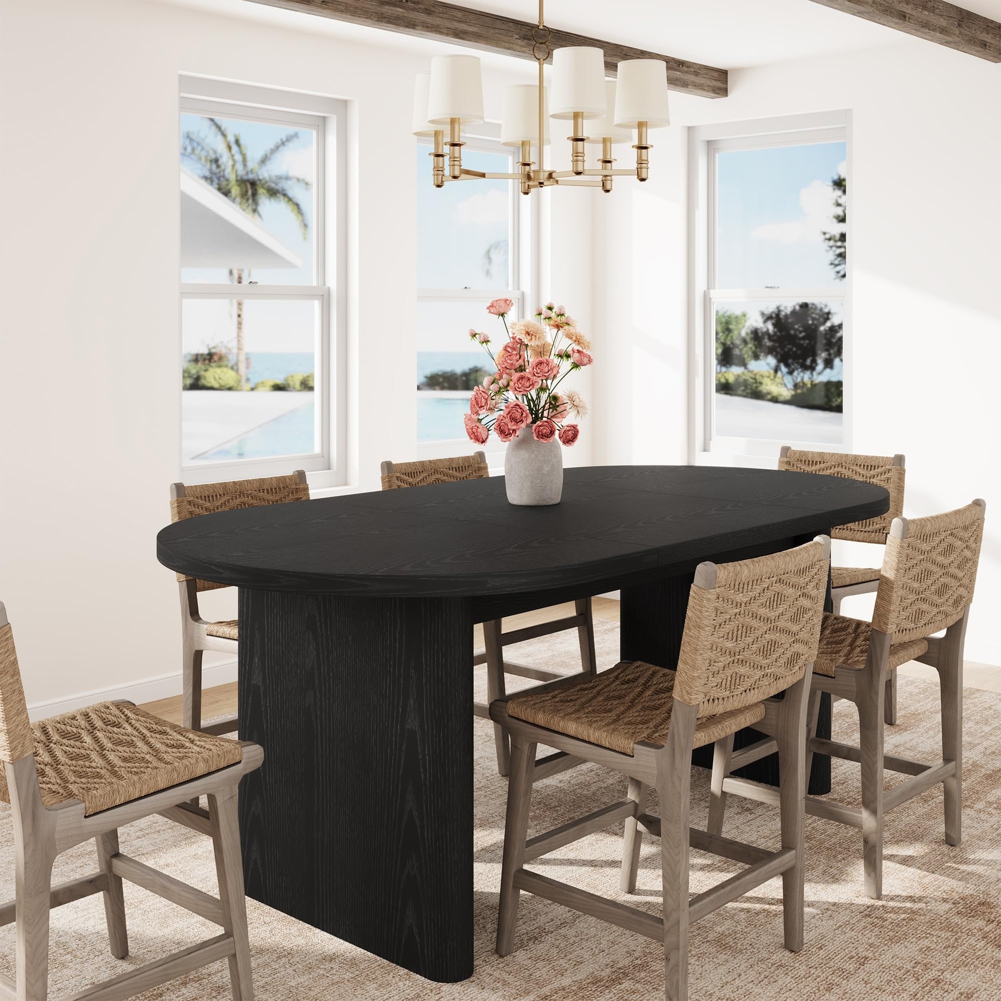 Oval Dining Table for 6-8 People, Long Large Kitchen Table with Thick Sturdy Wooden Base, Farmhouse Dining Room Table