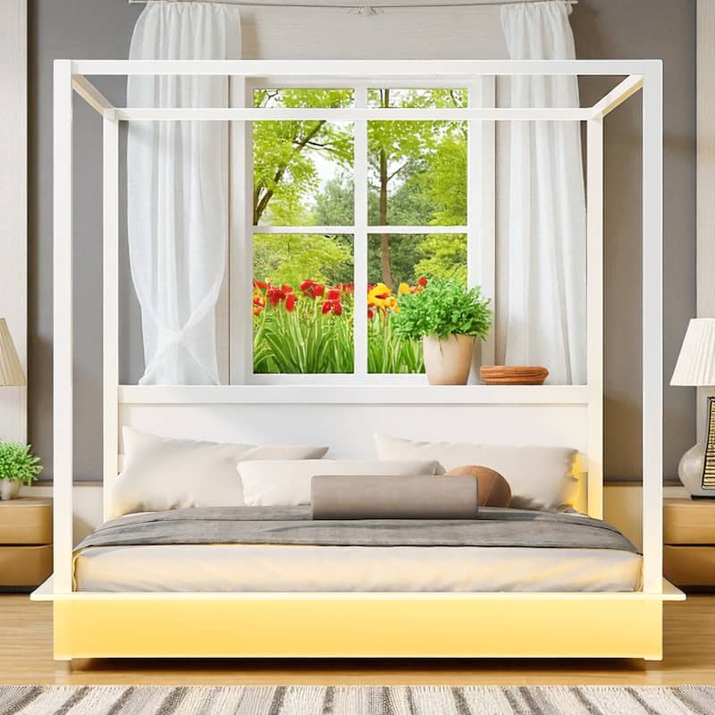 Queen/King White Wood Canopy Platform Bed with LED Lights and Slats, Modern Bedroom Frame No Box Spring Needed