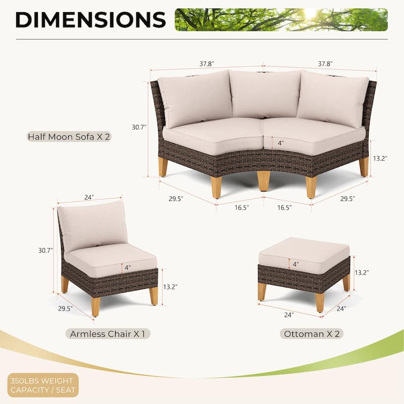 11-Piece Outdoor Wicker Half-Round Furniture Set, Half-Moon Sectional Sofa Set All Weather Rattan Curved Conversation Sets