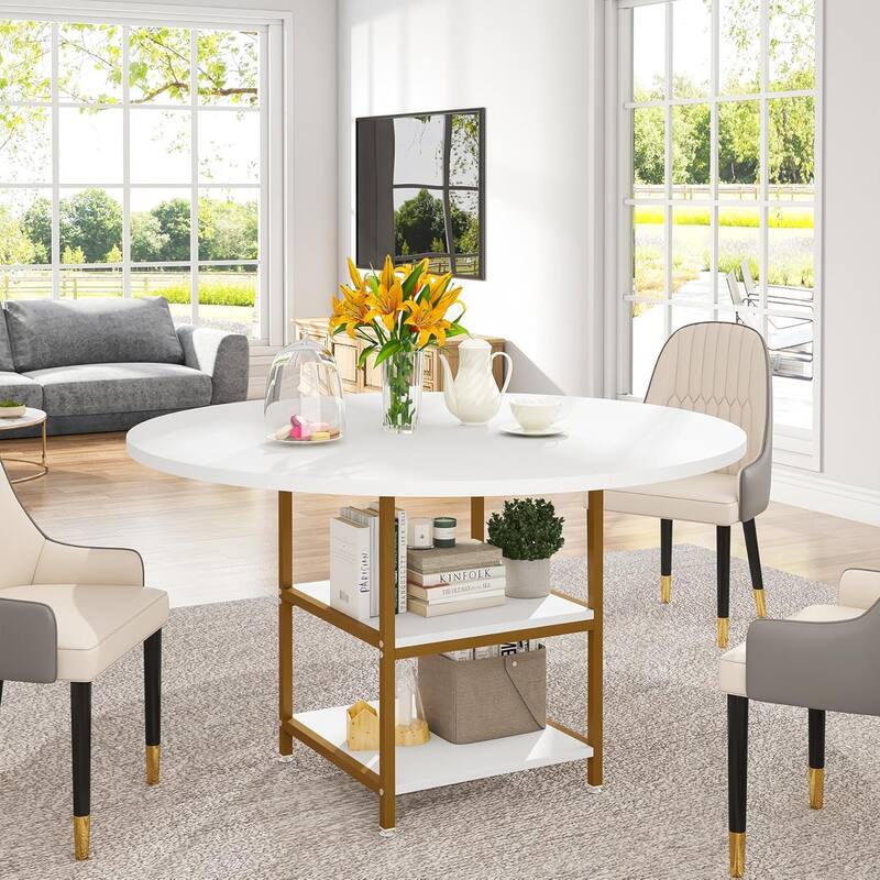 47-Inch Round Wood Dining Table for 4 With Storage Shelf Large Kitchen Table for Home Dining/Living Room