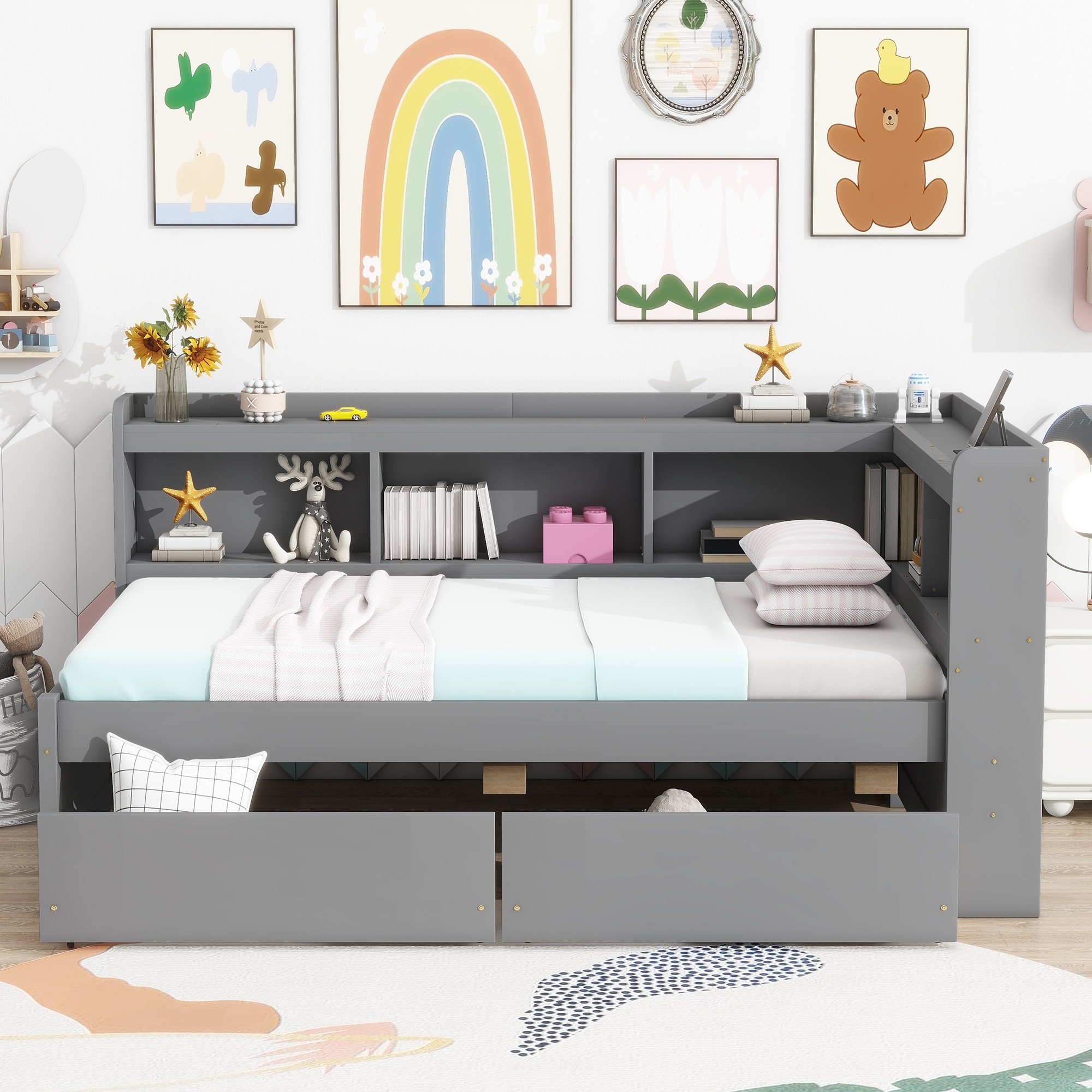 Bed with L-shaped Bookcases, Drawers