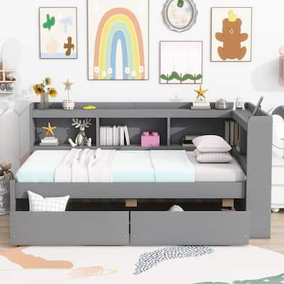 Solid Wood L Shaped Bookcases Bed Frame with 2 Drawers, Twin Size Pine Daybed with Built-in Power Outlets and Charging Station