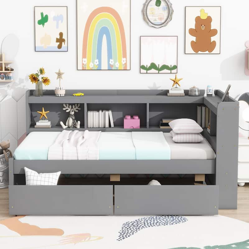 Twin Size L-Shaped Bookcase Bed with USB Charging Ports, Power Outlets & Storage Drawers, Grey