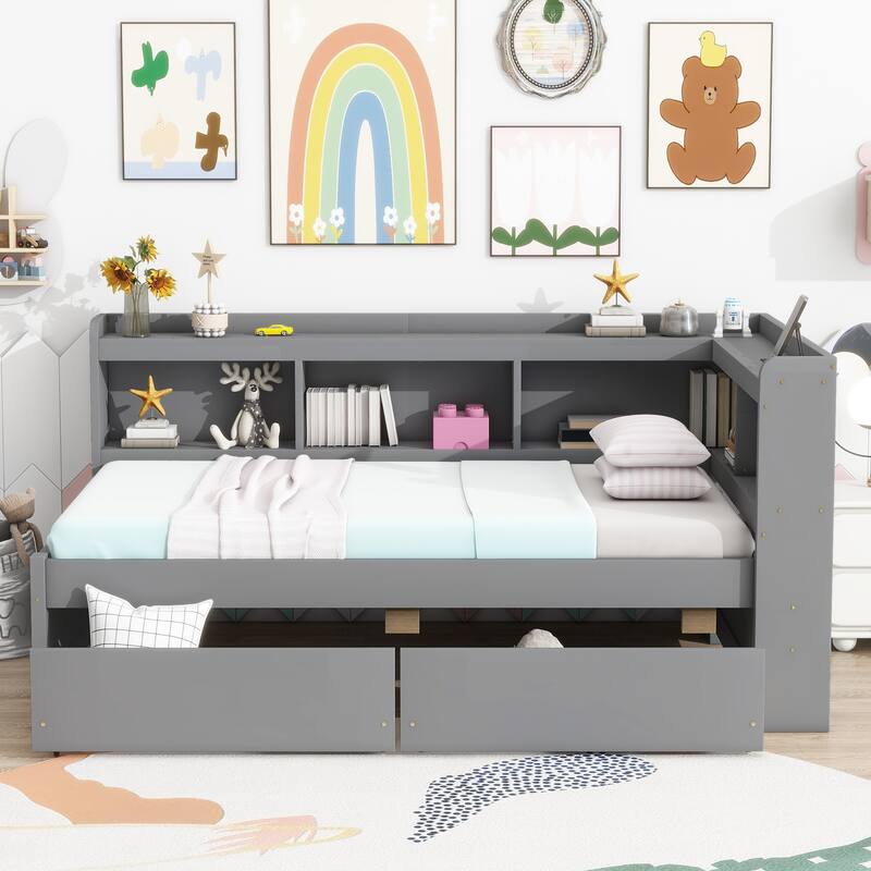 Twin Size L-shaped Bookcases Bed with Power Outlets, USB Charging Ports, 2 Drawers,Espresso