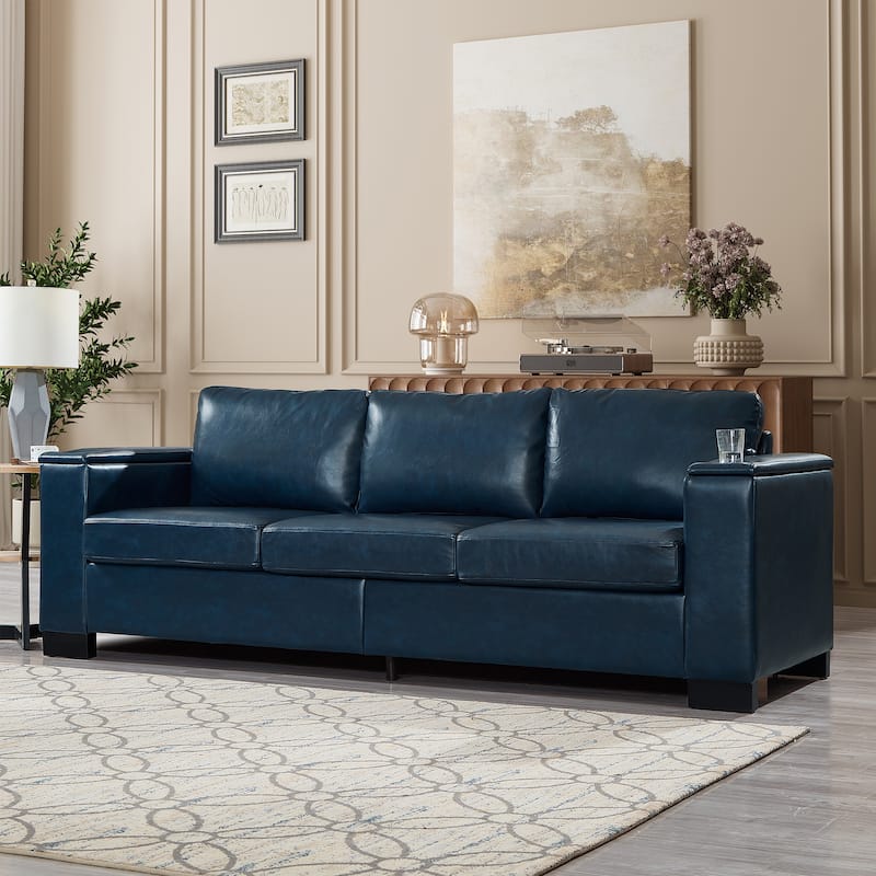 93.7" Modern Style Sofa Faux Leather Couch,Square Arm Sofa With Cup Holder,Storage Sofa,Upholstered PU Leather