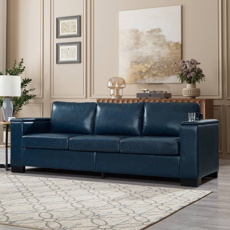 Faux Leather Upholstered Loveseat, Oversized 3 Seater Sofa with Square Arms, Deep Seat Sofa with Cup Holder & Storage - Navy Blue