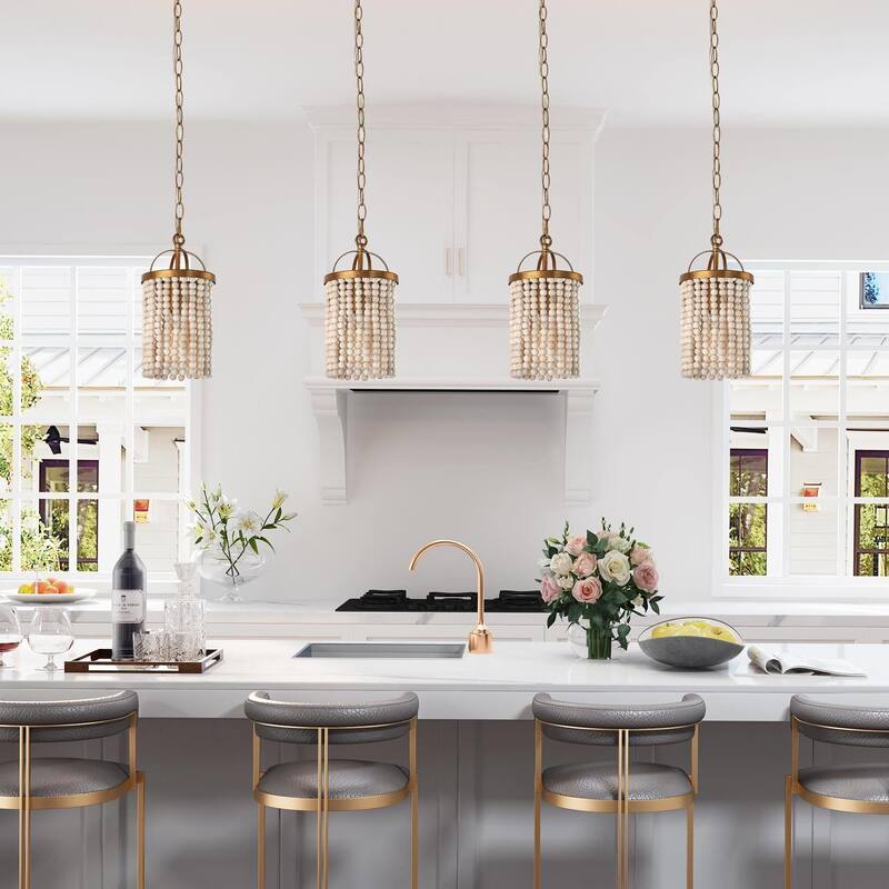 Alisar Mid-century Modern Mini Boho Kitchen Island Pendant with Distressed White Wood Beads