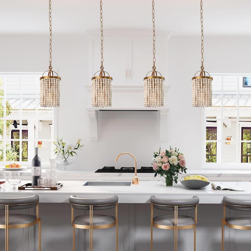 Alisar Mid-century Modern Gold Mini Pendant Light French Country Distressed White Wood Beads for Kitchen Island