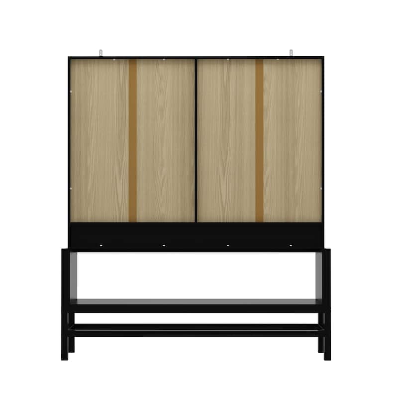 Bookshelves Black Display Cabinet with Glass Doors, Wood Grain Back, Metal Corner Accents - 66.1"x74.8"
