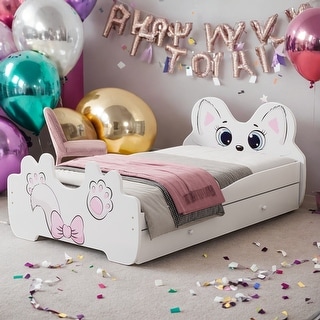 Cartoon Twin Wood Platform Kids Bed with Trundle and Cute Headboard for Bedroom, White