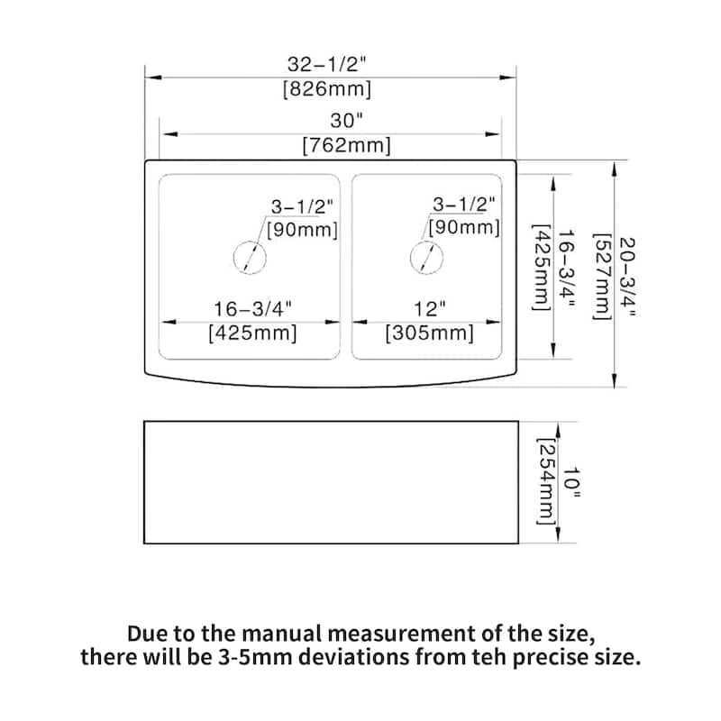 33'' Farmhouse Double Bowl Ceramic Kitchen Sink in White - 33'' x 21'' x 10''