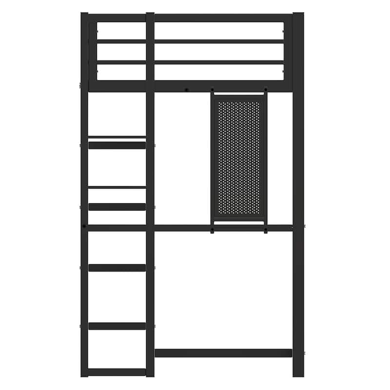 Black Metal Loft Bed Twin Size Loft Bed Frame with Built-in Desk and Triangular Storage Shelves for Boys Girls Teens