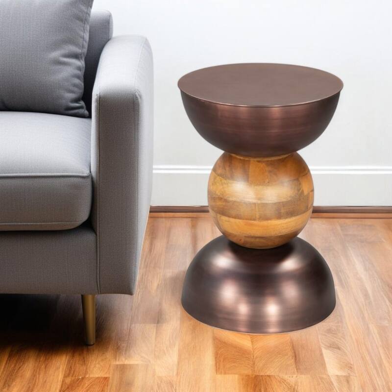 HomeRoots 20" Bronze and Brown Iron and Solid Wood Round Pedestal End Table - 14' X '20.3' X '14 - Bronze - Iron