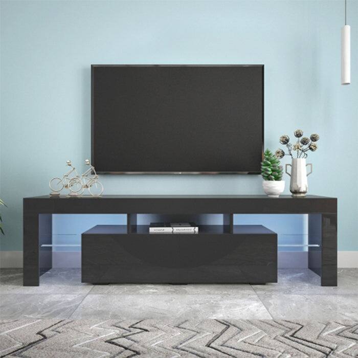 Modern Black TV benches MDF LED TV Stand w/Remote Control Lights
