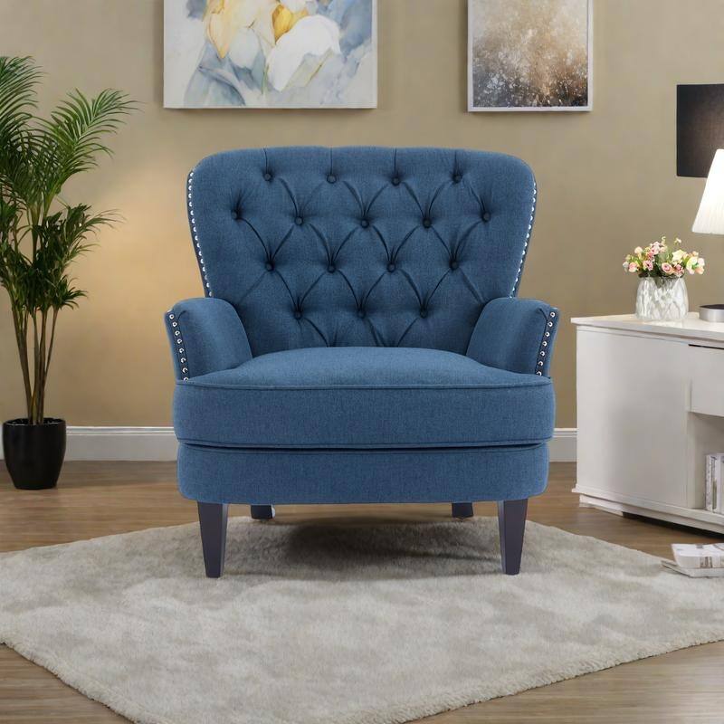 Polyester Vintage Lounge Chair with Nailhead Trim, Curved Backrest and 220lb Weight Capacity - Navy Blue