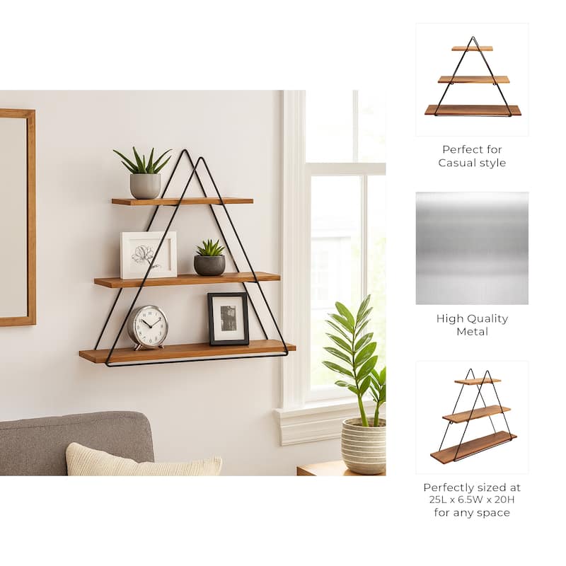 Wooden Triangle Shelf with Metal Frame - 3 Tiered Wall Shelf - Rustic Farmhouse Contemporary Style - 25" x 6.5" x 20"