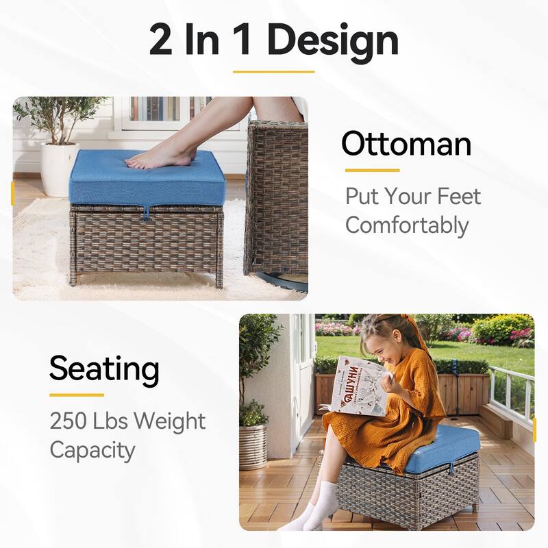 2 Pieces Patio Rattan Ottomans with cushions