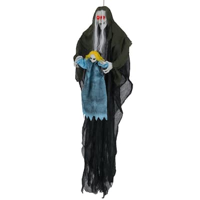 Life Size 6ft Sound Activated Hanging Witch with Red Eyes and Creepy Sounds Halloween Decoration with Bendable Arms Grey