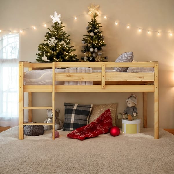 slide 2 of 7, Modern Twin Size Wood Low Loft Beds With Ladder And Solid Construction For Kids Bedroom Walnut