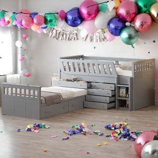 L-shaped Twin Loft Bed and Twin Platform Bed with 7 Drawers