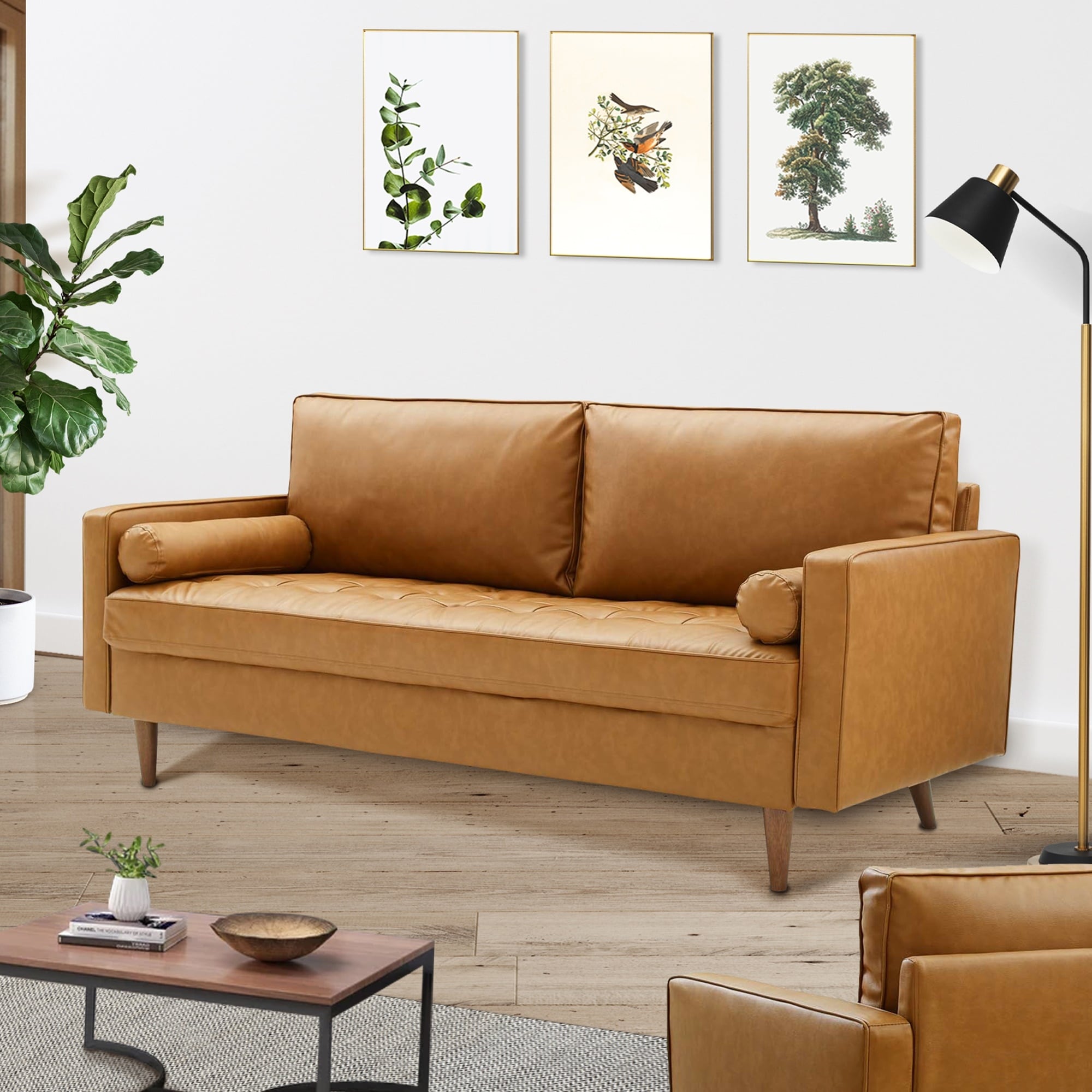 Valour upholstered faux leather sofa in tan sale
