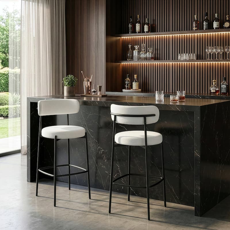 Set of 2 Awen White Boucle Bar Stool with Black Legs