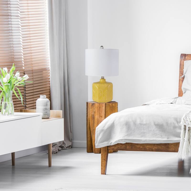 Eyelet Floral Ceramic Table Lamp with White Drum Shade - 19" - Yellow