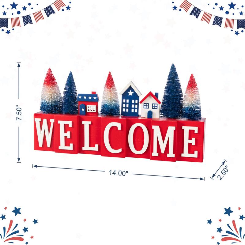 Glitzhome 14''L Patriotic/ Americana Wooden House Brush Trees Table Decor