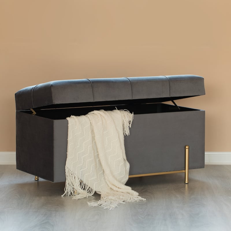 Large Rectangle Velvet Storage Ottoman Stool Box with Golden Legs | Decorative Sitting Bench - Grey