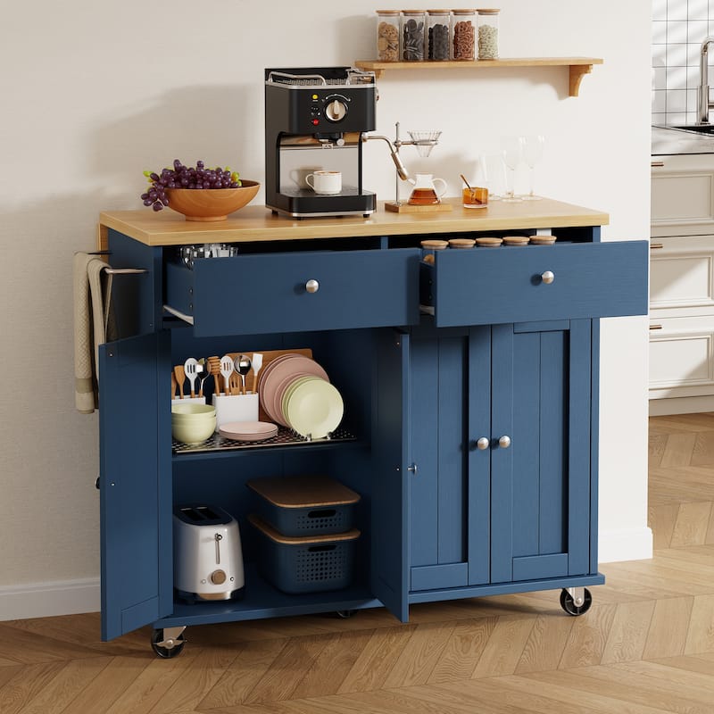 Kitchen Storage Island with 2 Drawers & Extendable Countertop - Rolling Storage Cart with Towel Rail, Lockable Wheels