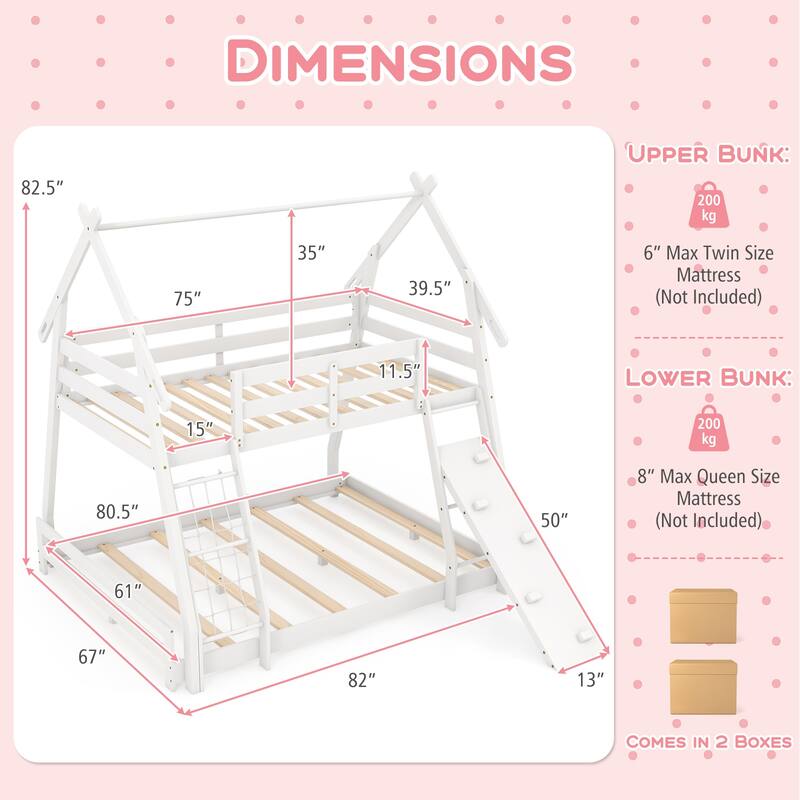 Twin Over Queen Bunk Bed Wooden Kids Bed with Climbing Nets and Ramp