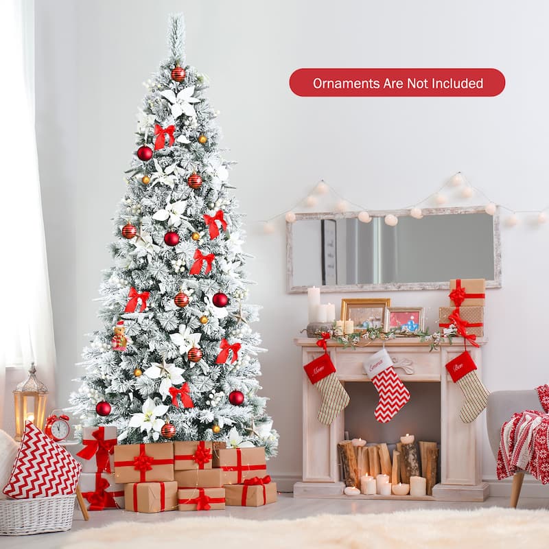 Gymax 5/6/7/8 FT Pre-Lit Artificial Snow-Flocked Christmas Tree Hinged - See details