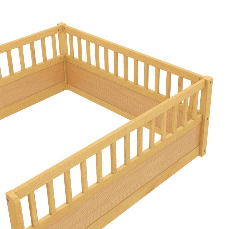Full Size Wooden Children's Floor Bed with Safety Fence for Bedroom or Playroom