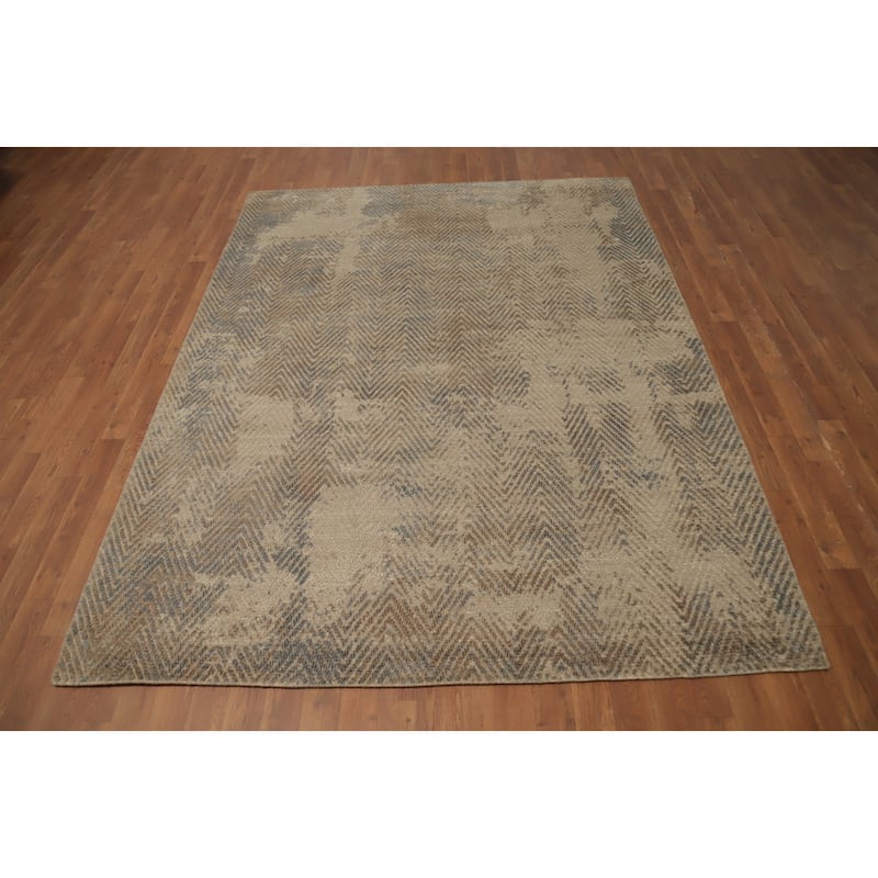 Hand Knotted Oriental Viscose Silk Carpet Modern All-Over Beige & Ivories Abstract Area Rug - 7' 9'' X 5' 10''
